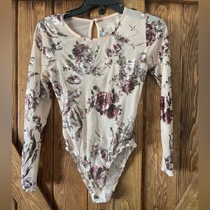 Charlotte Russe Metallic Floral Bodysuit with Pink Mesh